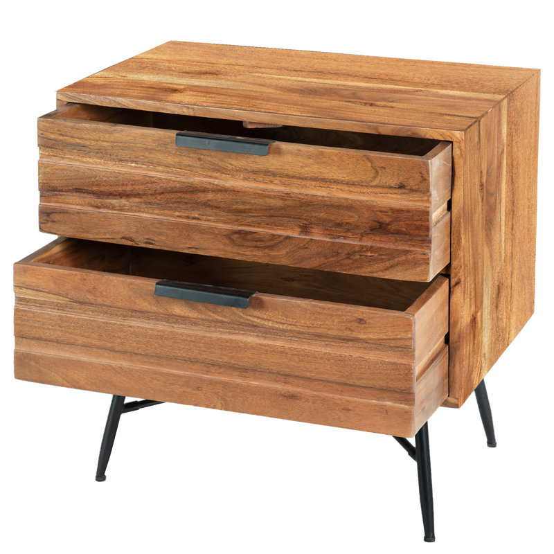 Table de chevet 2 tiroirs en bois avec pieds inclinés en métal, noir et brun