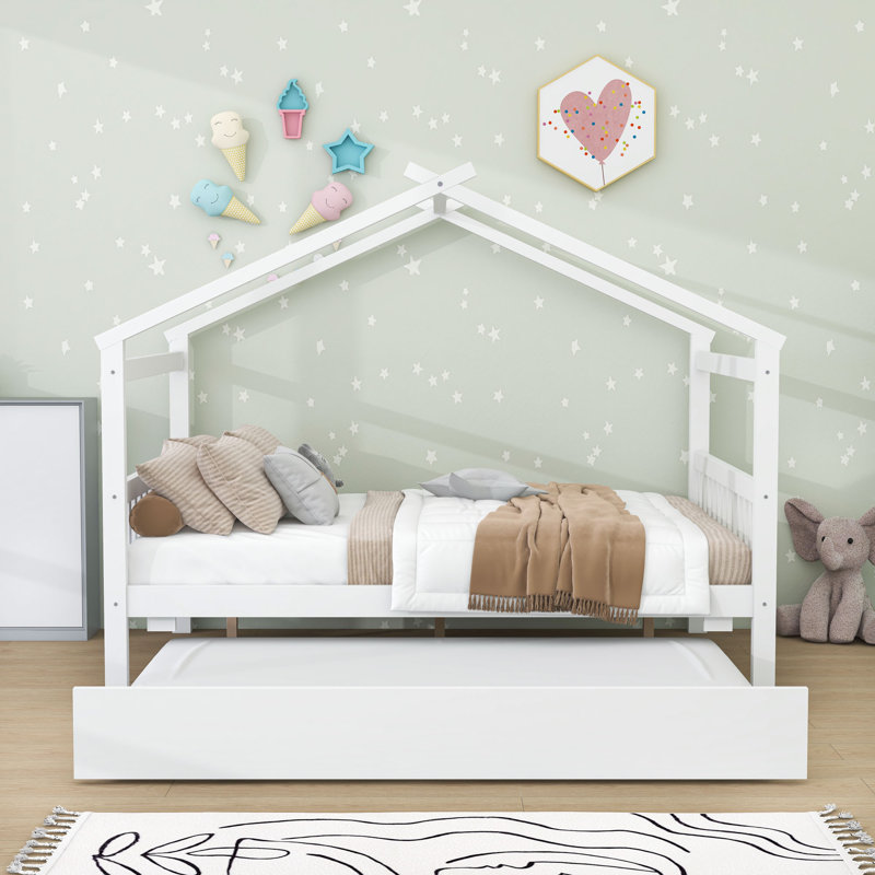 Lit de jour en bois avec lit gigogne simple, pieds et lattes, Double, Blanc