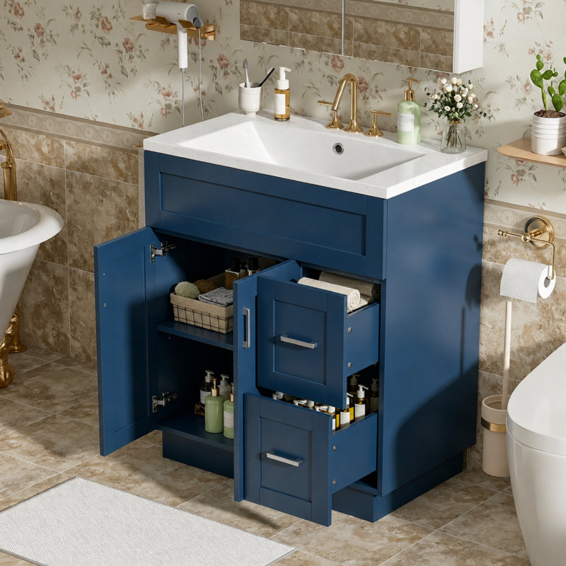 Meuble-lavabo autoportant Bluestream, Bleu, Tiroir de droite