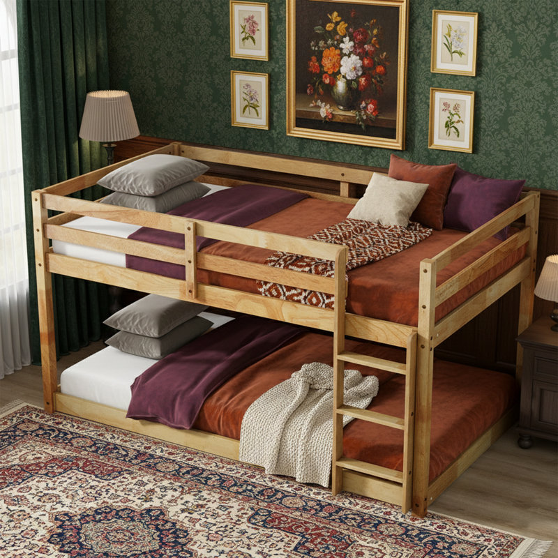 77" L Twin-over-Twin Low Profile Floor Bunk Bed, Solid Wood Frame, Nature, Nature