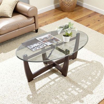 Table basse 48 po avec plateau en verre et cadre en bois massif au fini cerisier pour salon, bureau ou appartement