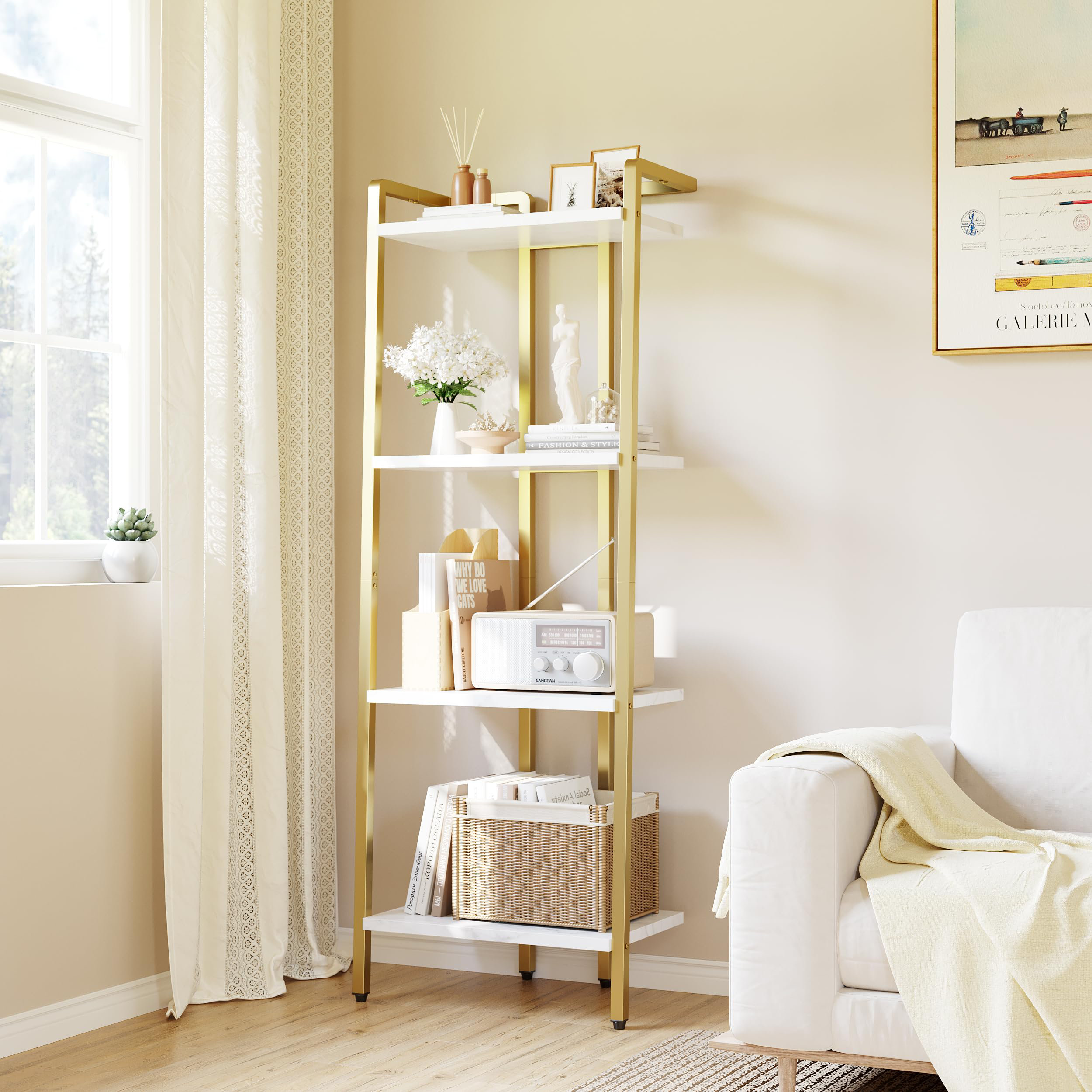Borough Wharf 4 Tier Ladder Shelf, Free Standing Gold Book Shelf, Gold ...