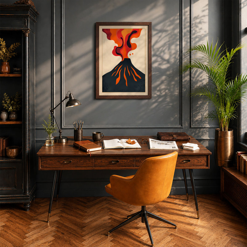Volcanic Power Mid-Century - Framed Print, A2 - 59.4 x 42.0 cm, Walnut