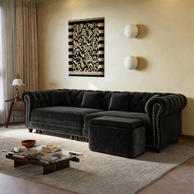 89" Velvet Upholstered Chesterfield Sofa King-Size Pull-Out Sofa Bed, Convertible Sleeper Couch with 4 Pillows, Black