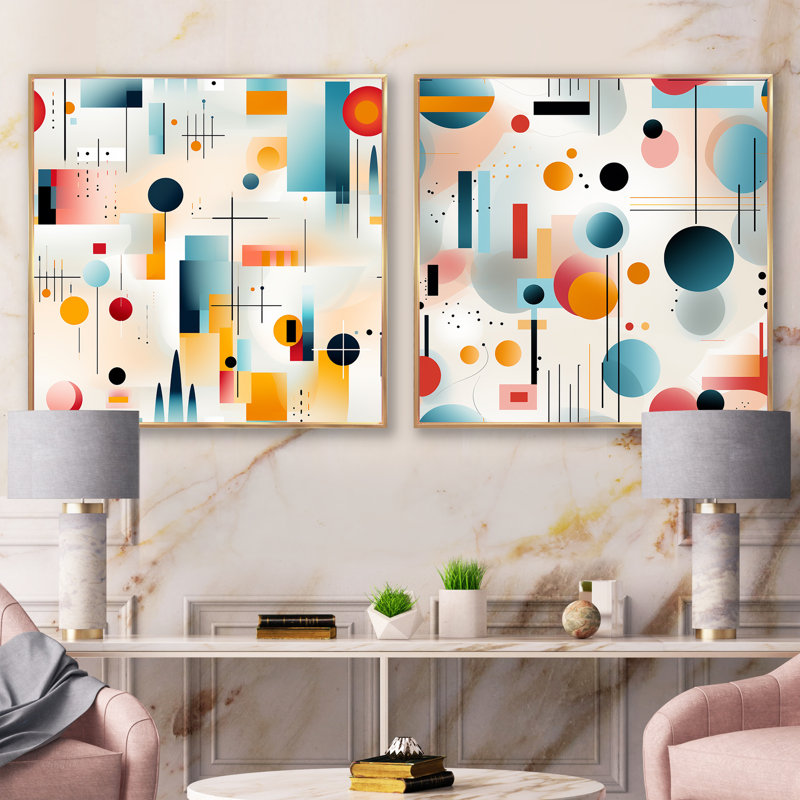 Crisel - Ensemble de 2 collages carrés à formes abstraites, Cadre flottant doré, H 30 po x l 61 po
