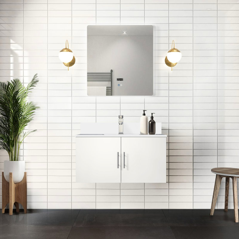 36 po Meuble-lavabo de salle de bain avec comptoir en quartz blanc, robinet et miroir à DEL - comptoir x P 22 po