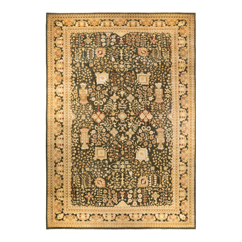 Tapis unique vert / jaune noué à la main Onarga Eclectic 12 pi 2 po x 18 pi