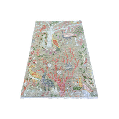 Tapis oriental rectangulaire en laine vert noué à la main 3 pi 4 po x 4 pi 10 po - MOA10274347