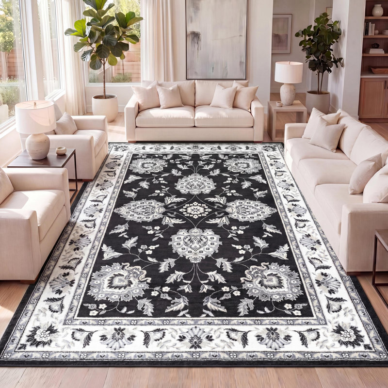 Yeghivart French Cottage Black/Cream Rug, Rectangle 3' x 5'
