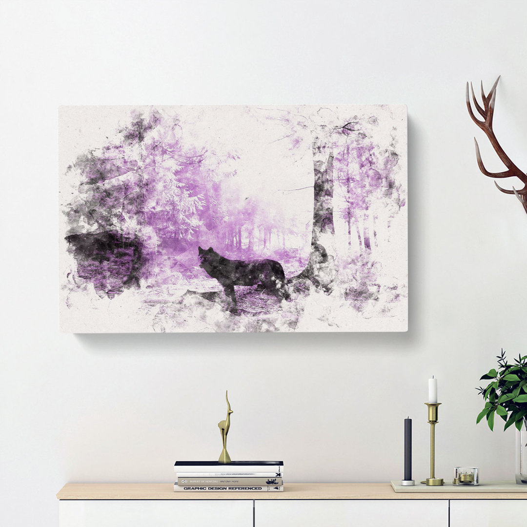 Black Wolf In A Purple Forest - Wrapped Canvas