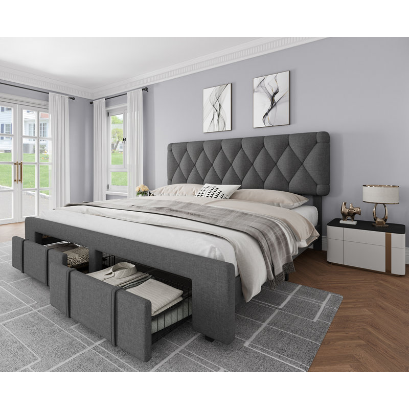 King Size Bed Frame, Upholstered Platform Bed Frame with Storage Drawers, Mattress Foundation with Solid Wooden Slats Support, No Box Spring Needed