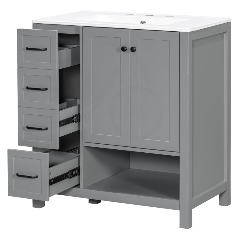 Meuble-lavabo autoportant de 30 po avec tablette ouverte et conception rainurée, Gris