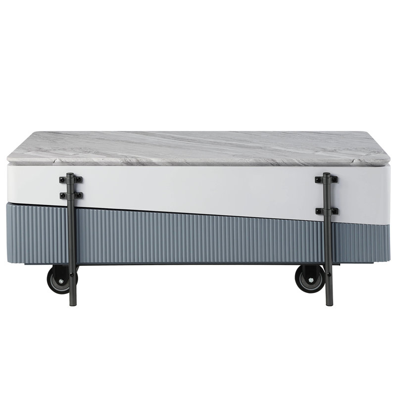 Table basse moderne à plateau relevable gris et blanc avec compartiments de construction fonctionnels
