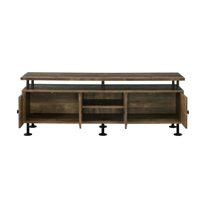 60 - Inch Tv Stand, 4 Open Compartments, Door Storage, Water Pipe Style, Rustic Oak, Black Metal Frame, Cord Management, 69 Tvs Oak And Style Management For Flat Screens