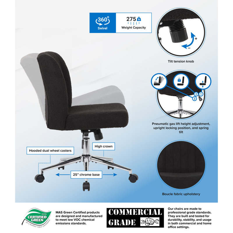 Black Boucle Fabric Swivel Task Chair with Chrome Base