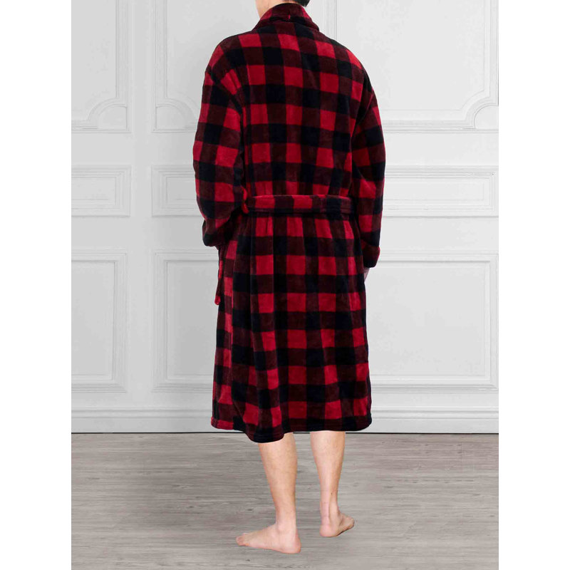 Red and Black Plaid Fleece Mid-Calf Bathrobe