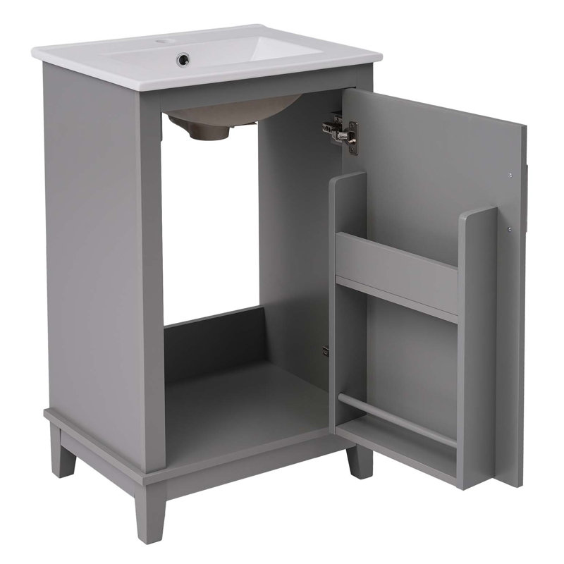 Petit meuble-lavabo moderne de 20 pouces avec lavabo en céramique, grand rangement, 1 porte à fermeture en douceur
