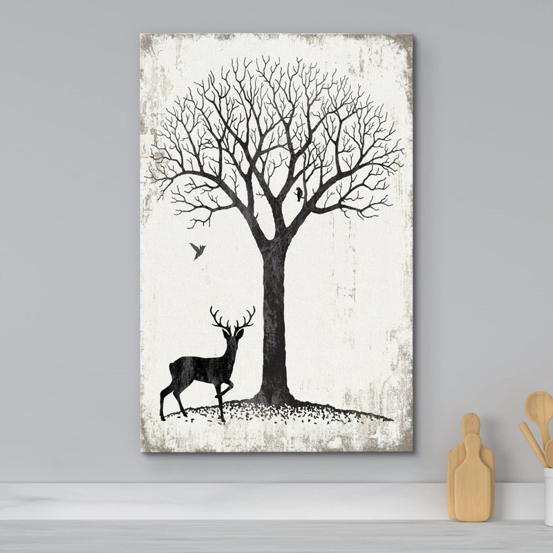 Paysage noir et blanc avec arbre, oiseaux et plantes à cerfs, art moderne rustique, Toile tendue, H 48 po x l 32 po