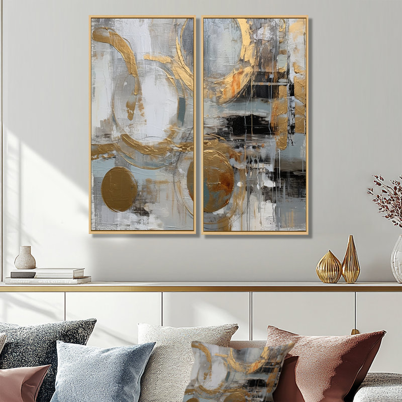 Simplicité radicale dorée et grise II - impressions sur toile dorées, H 40 po x l 40 po, Impression encadrée flottante