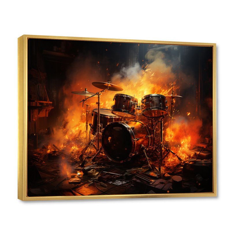 " Orange Black Fire Drums Tools Music I " Mixed Media Print, H 30 po x l 40 po x P 1,5 po, Cadre flottant doré