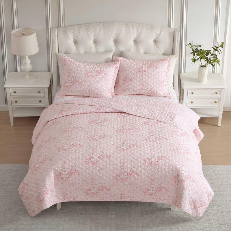 Laura Ashley Toile Delightful Cotton Reversible Pink Quilt Set, Twin Comforter + 1 Standard Sham