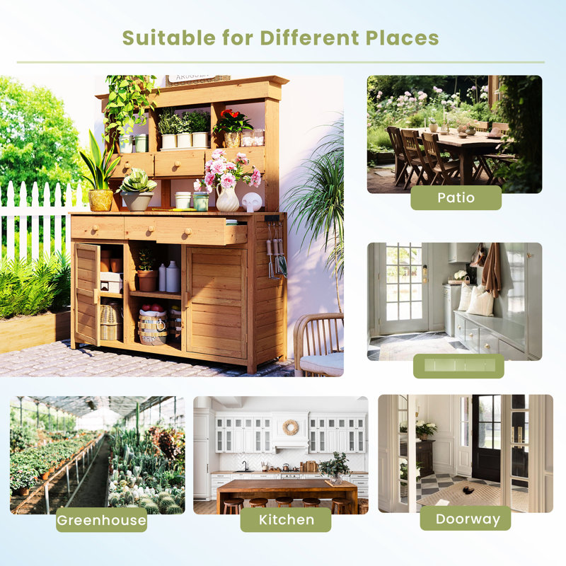 65.7'' H Garden Organizing Bench - Fir Wood, 6 Drawers, 2 Cabinets, 3 Adjustable Shelves, , Side Hooks, Ergonomic, Spacious For Patio, , Greenhouse, Kitchen Wood H, Garden, Greenhouse Work