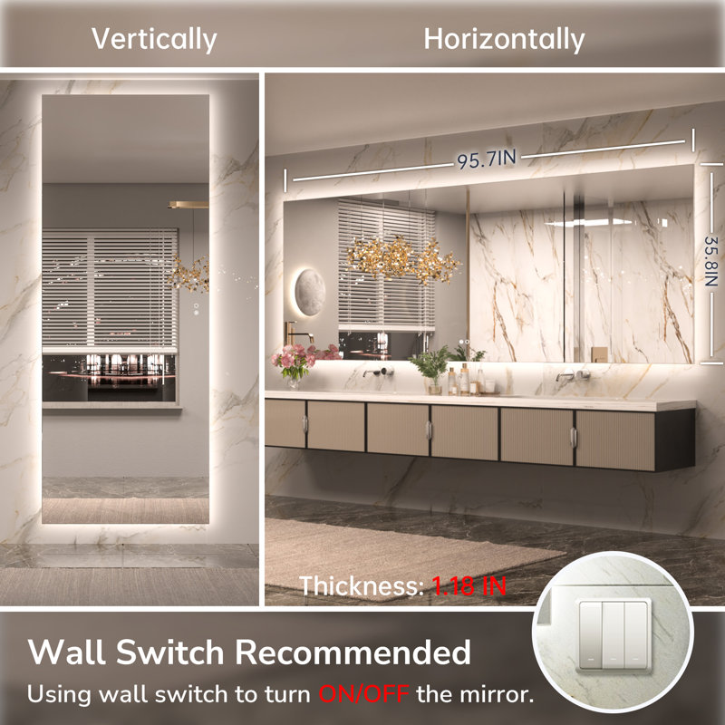 Adorna Dimmable Backlit LED Vanity Mirror with Anti-Fog, 36" x 96"