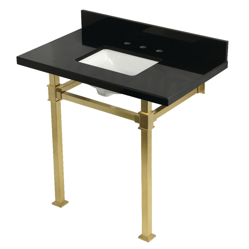 Kingston Brass Monarch 36-Inch Black Granite Console Sink with Stainless Steel Legs (8-Inch, 3-Hole), Brushed Brass