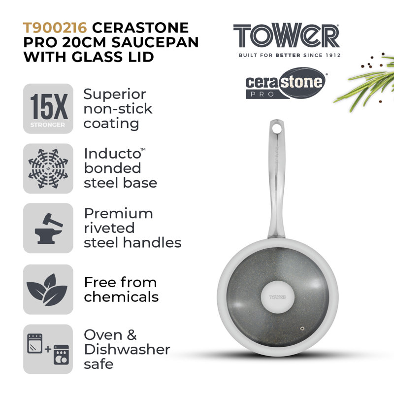 Tower T900216 Cerastone Pro 20cm Forged Aluminium Saucepan with Tempered Glass Lid, Non-Stick Coating, Graphite