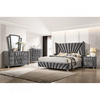 Élégante table de chevet rembourrée en tissu avec deux tiroirs, gris, parfaite pour les chambres modernes et confortables