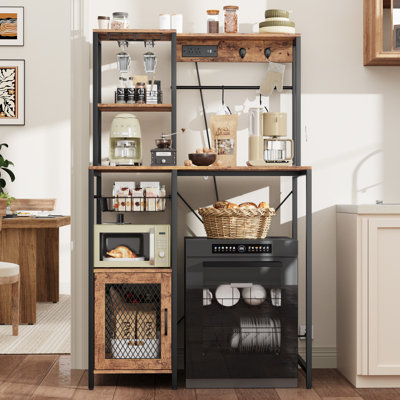 Étagère de cuisine avec espace de rangement pour réfrigérateur, support pour micro-ondes industriel avec prise de courant, tablette de cuisine autoportante pour le garde-manger, 33,9 x 19,7 x 58,1 pouces, brun rustique
