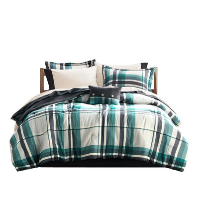 7 Pcs Twin Xl Microfiber Teal/Black Plaid Comforter And Sheet - , Classic Design, Coordinating , Proof, Bed With Comforter, Shams, Pillow, Flat Sheet, Fitted Pillowcases, Safe On Skin, Filling