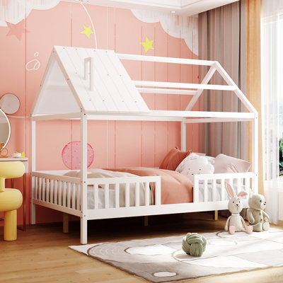 Full Size Wood House Bed With Fence