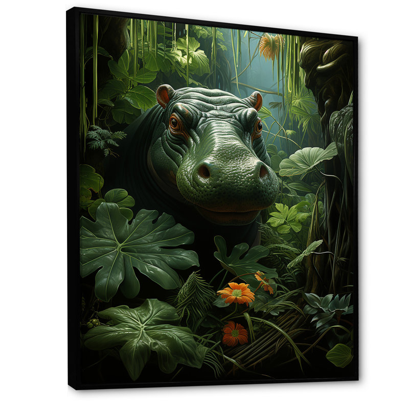 «Green Vibrant Hippo Portrait - Hippopotamus», art mural, Cadre flottant noir, H 44 po x l 34 po x P 1,5 po