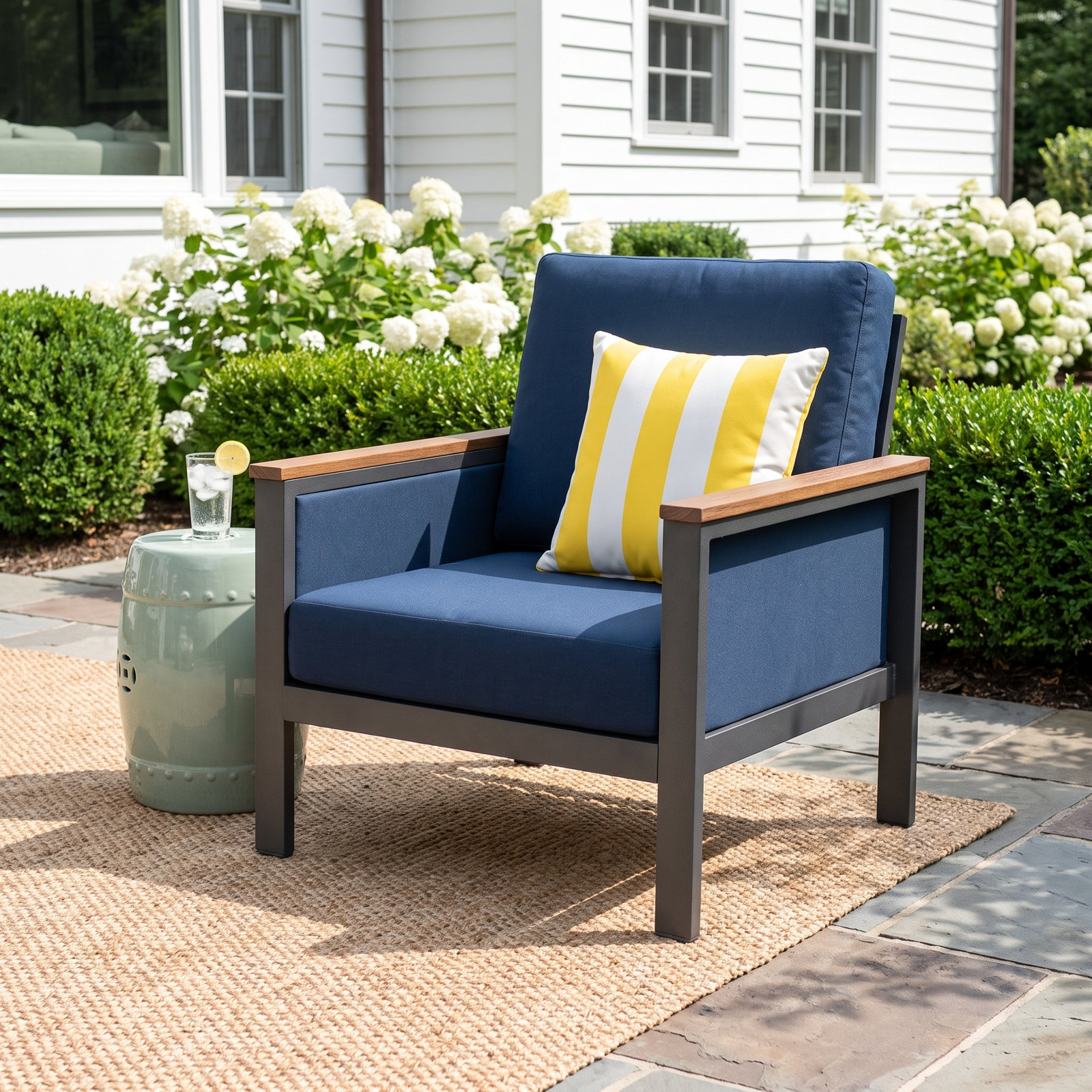 Townsend Sunbrella® Patio Lounge Chair, Canvas Navy, Brown/Canvas Navy