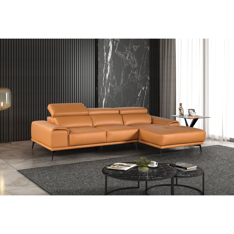 Canapé modulaire contemporain L 111 po, méridienne droite, Similicuir orange, Face à la droite