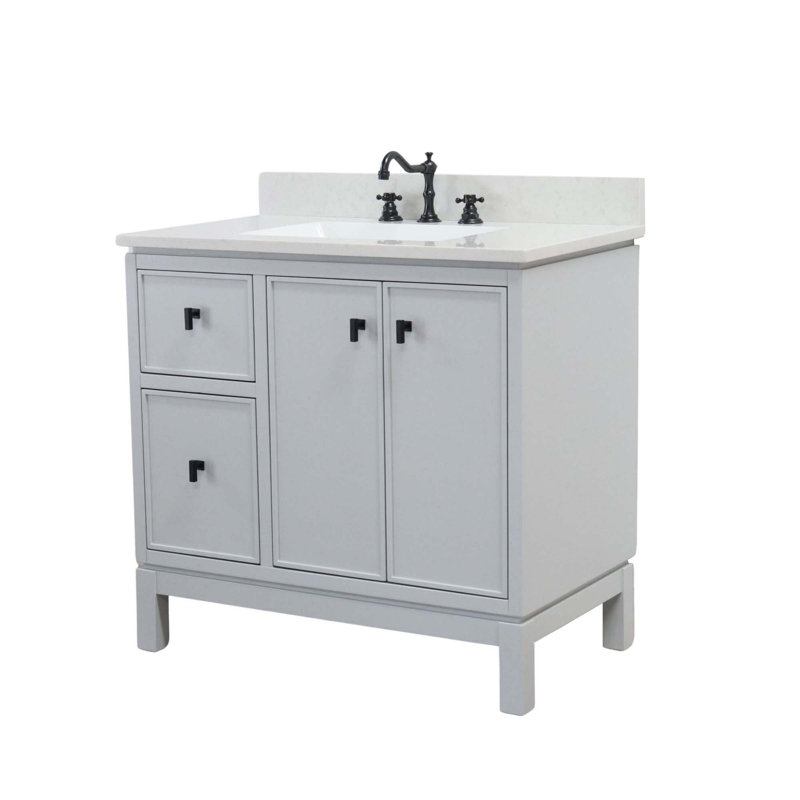 Meuble-lavabo simple avec plateau en quartz, Gris français, Noir mat