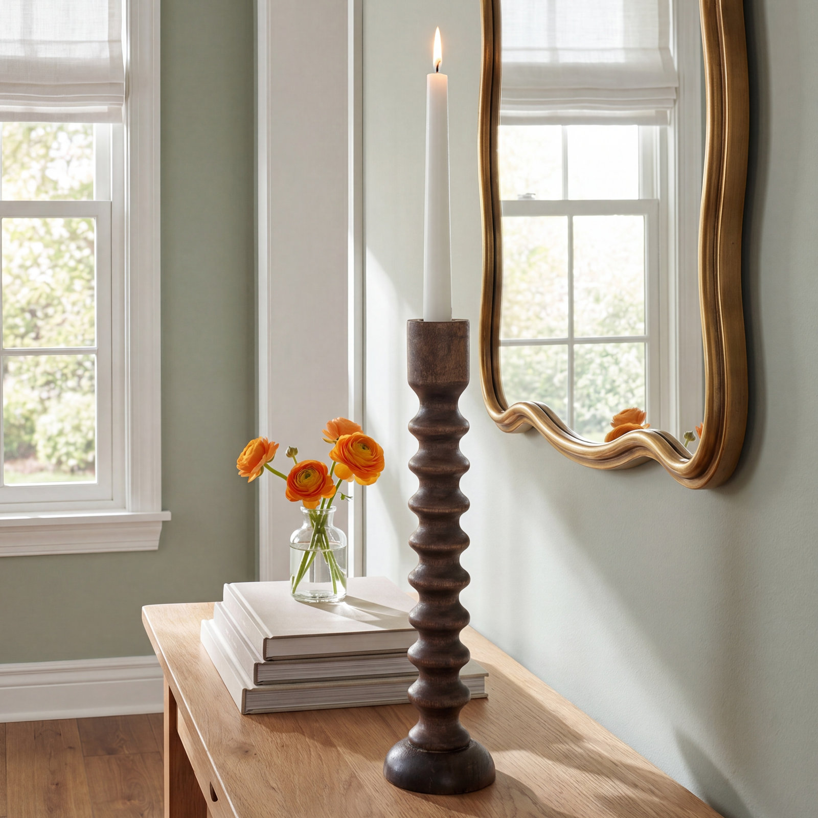 Solid Wood Pillar Candle Holder, Brown, 17" H x 5" W x 5" D