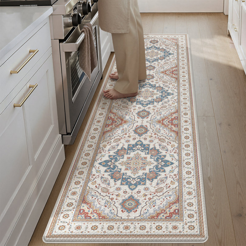 Tapis de cuisine anti-fatigue, Tapis de couloir 2 pi x 7 pi 3 po, Blanc laiteux / bleu