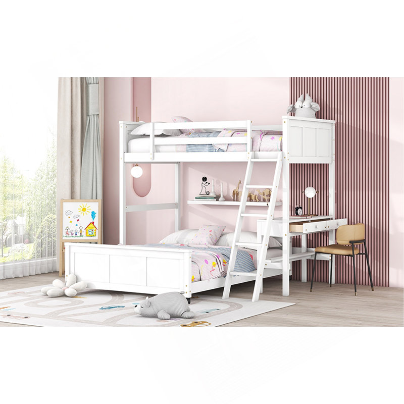Lit simple superposé au dessus d'un lit double avec bureau, White
