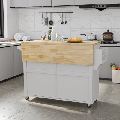 Rolling Mobile Kitchen Island With Drop Leaf Breakfast Bar,Wood Top Spice Rack Desk,Kitchen Table On Wheels With Drawer And Storage Cabinet by Winston Porter