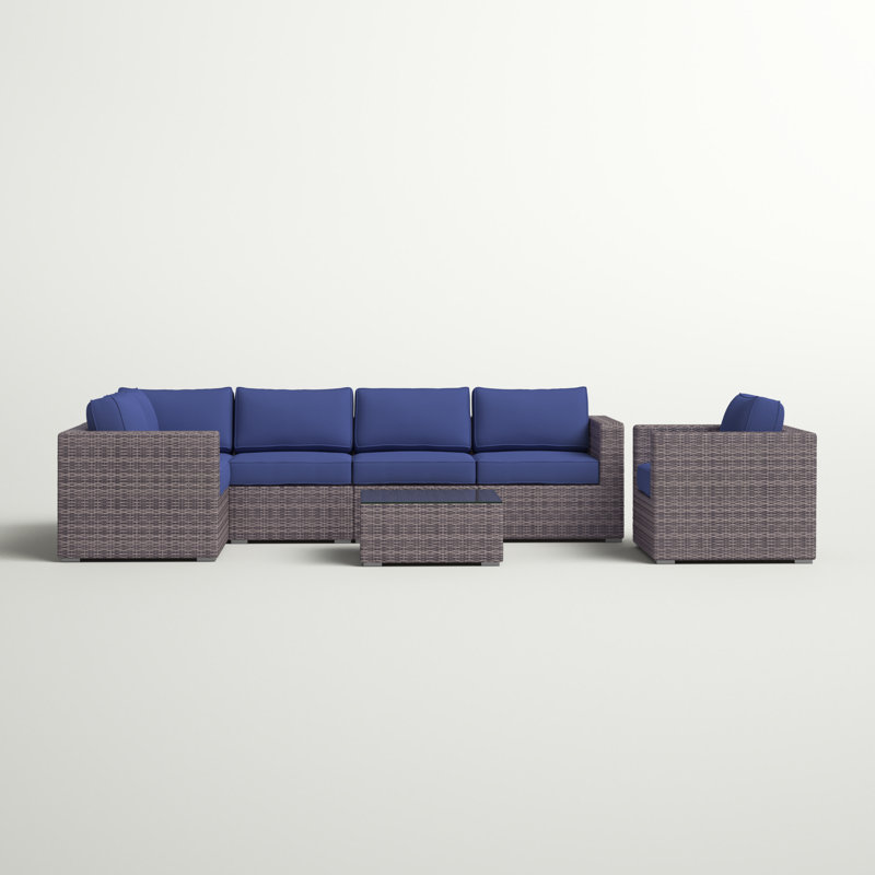 Clem Wicker Fully Assembled 5 - Person Seating Group with Sunbrella Cushions, Brown, Sunbrella Navy Blue