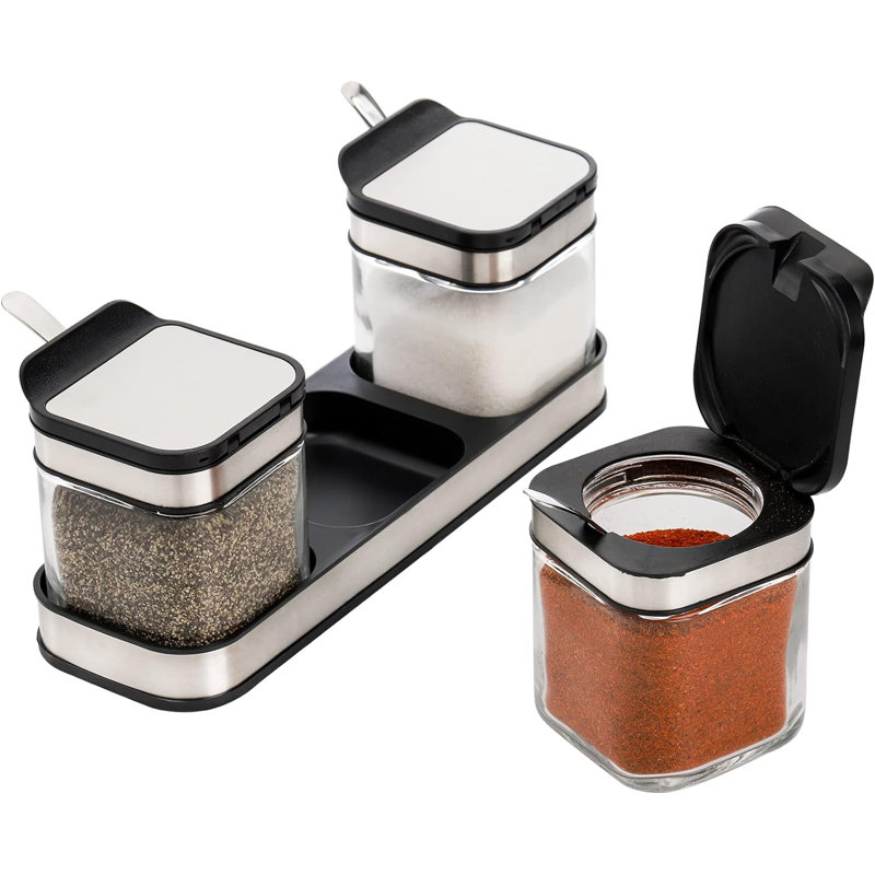 Paquet de 3 boîtes d'assaisonnement en verre avec plateau, boîte à condiments transparents avec couvercle et cuillère en acier inoxydable, marmite à épices avec base, pot à sel et poivre