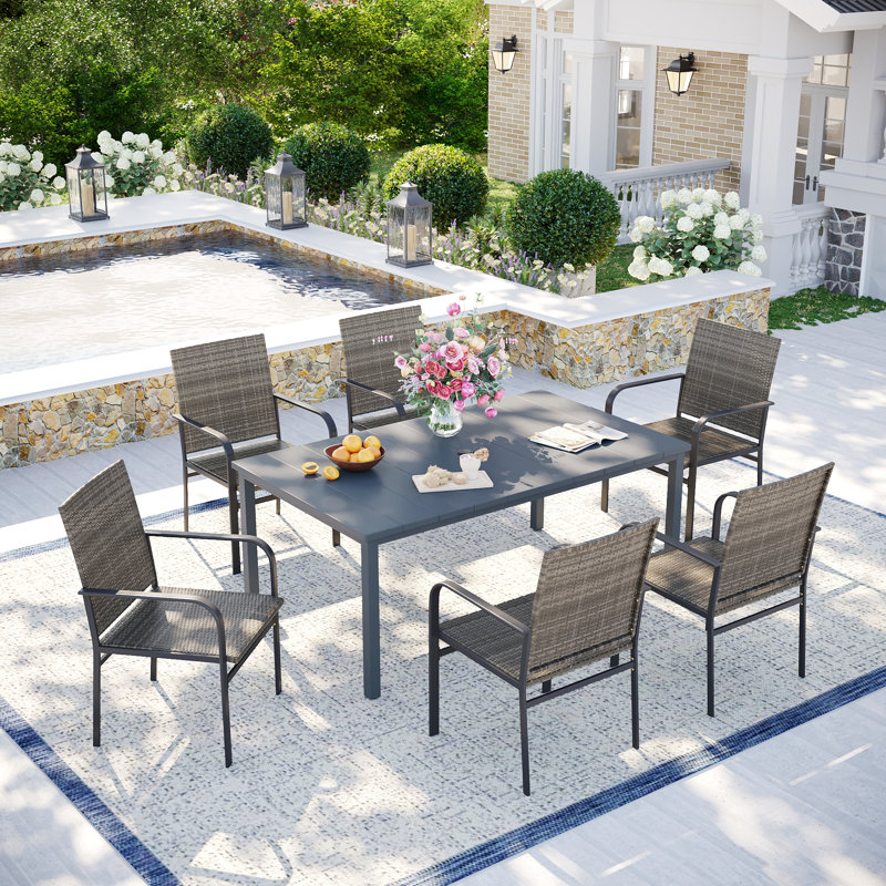 6-Person Patio Dining Set with Metal Rectangular Dining Table and 6 Rattan Armrest Chairs, Gray
