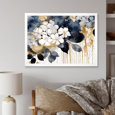 Hortensias en or blanc et ciel I - impressions florales encadrées