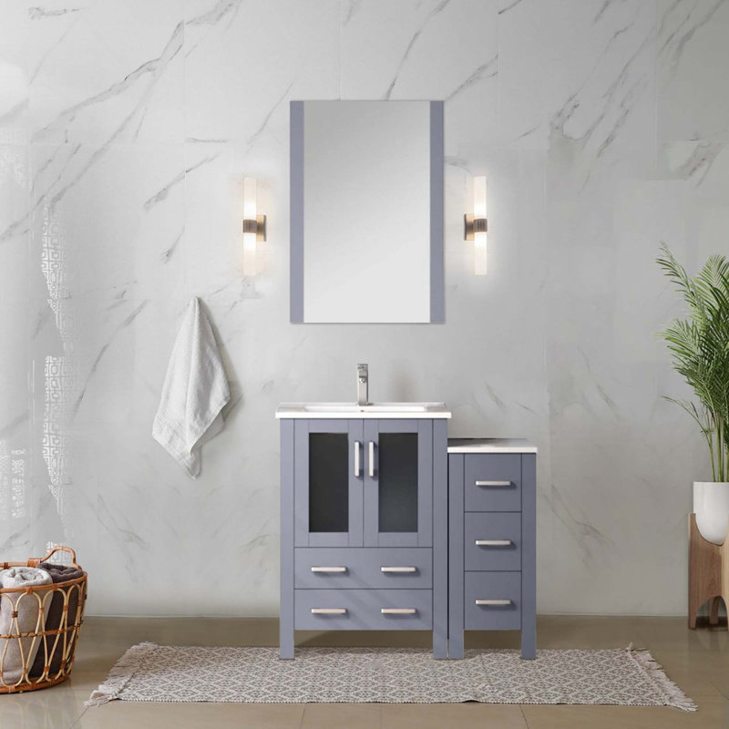 Ensemble de meuble-lavabo simple avec armoire latérale, comptoir en céramique blanche et robinet