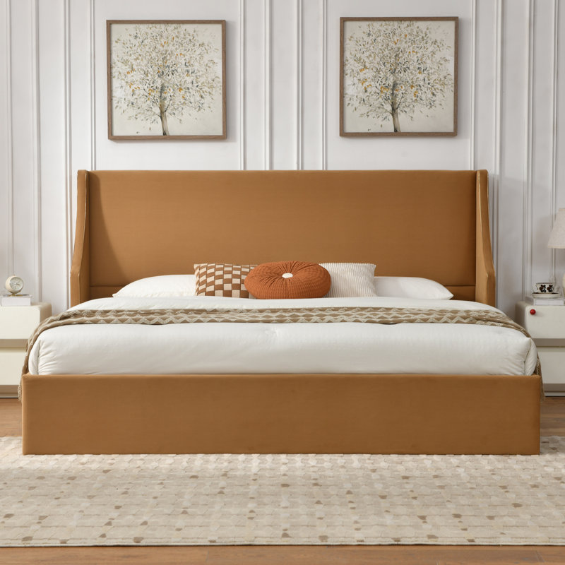 Lit plateforme tapissier avec rangement Linvel, Très grand, Velours kaki