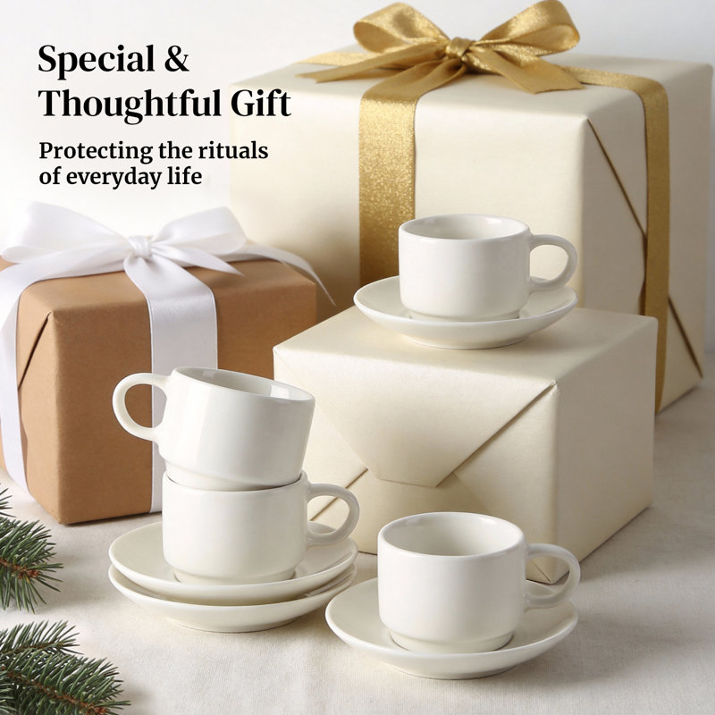 Ensemble de 4 tasses à espresso en céramique et soucoupes blanches de base (2,5 oz), 2,5 onces