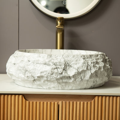 18'' Irregular Oval Resin Vessel Bathroom Sink With Stone Pattern, Artistic Style, , No Faucet, Thinner For Easy Cleaning, 3 Color Options, 17.89In Depth, 13.58In Width, 5.75In Height, 22.02Lb Weight