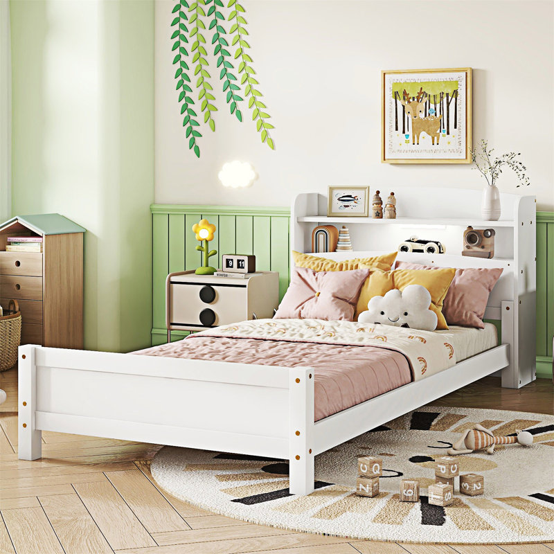 Wood Bed With Bookcase Headboard ,LED Motion Sensor And Guardrails, Twin, White